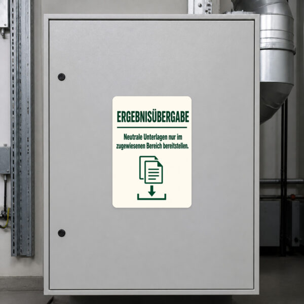 KI-generiertes Anwendungsbeispiel: Ergebnisübergabe Aufkleber in Dunkelgrün und Kupfer für zugewiesene Unterlagenbereiche.