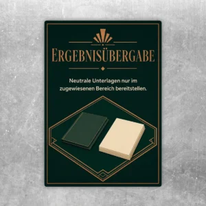Dunkelgrüner Ergebnisübergabe Aufkleber mit kupferfarbenem Rahmen, Mappe und Hinweis zu neutralen Unterlagen.