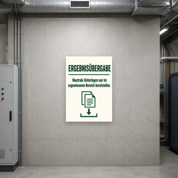 KI-generiertes Anwendungsbeispiel: Ergebnisübergabe Schild für neutrale Unterlagen am Übergabebereich mit Mappe und Papierstapel.