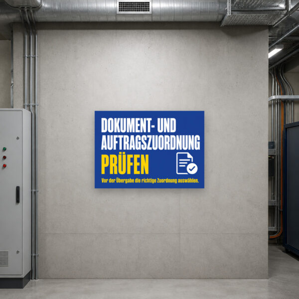 KI-generiertes Anwendungsbeispiel: Schild „Dokument- und Auftragszuordnung prüfen“ an weißer Ziegelwand.