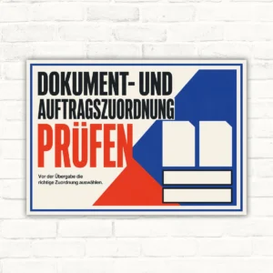 Hinweisschild mit Text „Dokument- und Auftragszuordnung prüfen“ und Dokumentgrafik für Übergabebereiche.