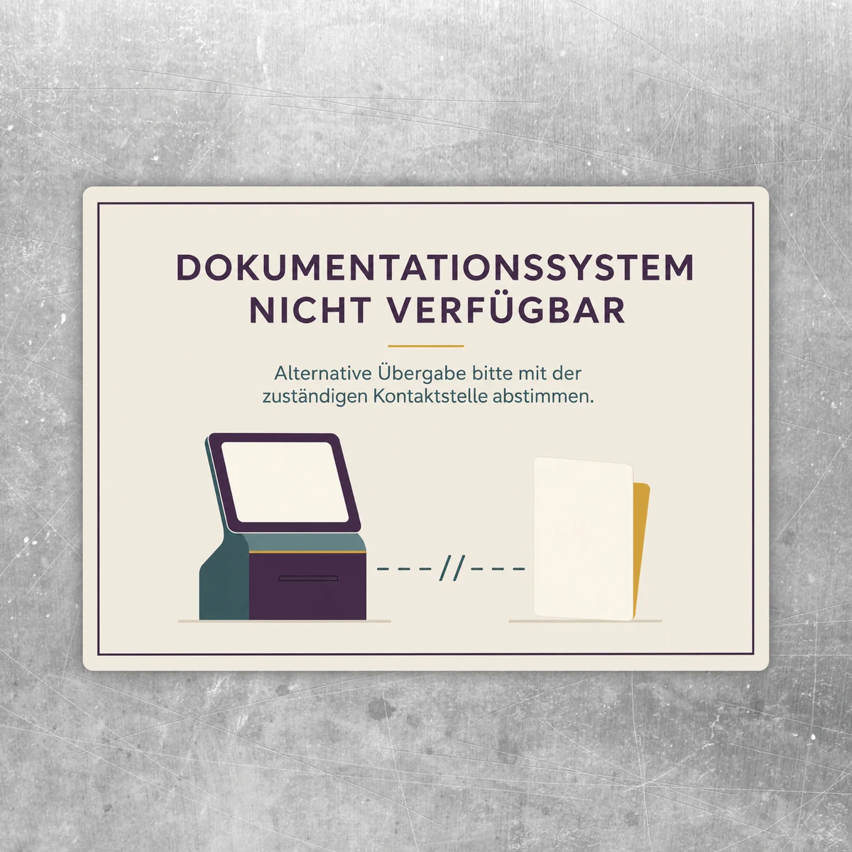 Aufkleber Dokumentationssystem nicht verfügbar im Querformat mit Terminal, Dokumenten und Hinweis zur Kontaktstelle.