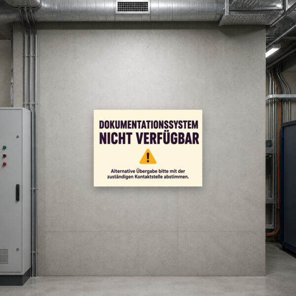 KI-generiertes Anwendungsbeispiel: Hinweisschild „Dokumentationssystem nicht verfügbar“ als Querformat-Schild für Büro, Empfang oder interne Übergabestellen.