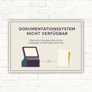 Hinweisschild mit der Aufschrift „Dokumentationssystem nicht verfügbar“ und Symbol für alternative Übergabe im Querformat.