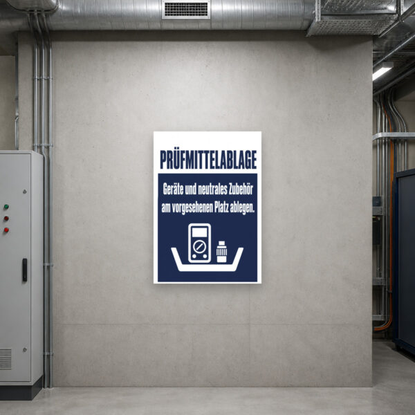 KI-generiertes Anwendungsbeispiel: Prüfmittelablage Schild mit Ablageschale für Geräte und Zubehör an einer Werkstattwand.