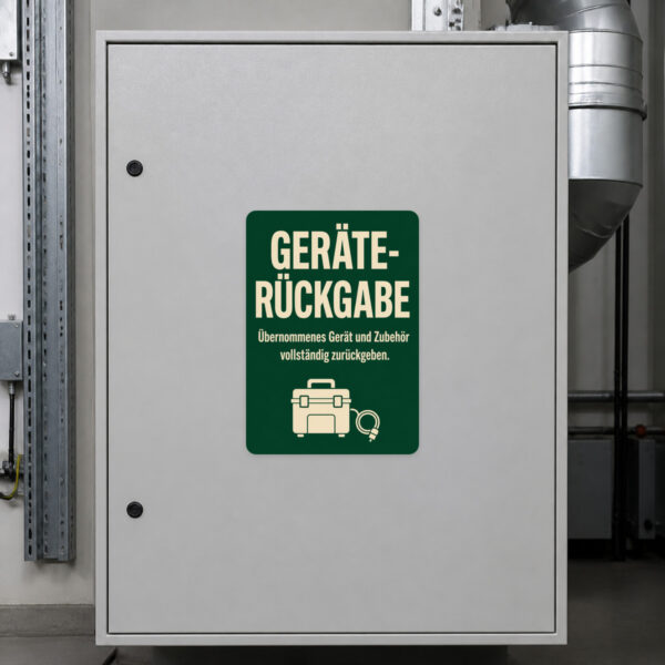 KI-generiertes Anwendungsbeispiel: Geräte-Rückgabe Aufkleber an Rückgabestelle mit Gerät, Kabel und Zubehör.