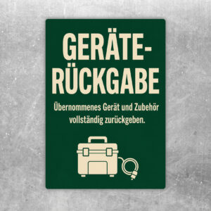 Geräte-Rückgabe Aufkleber in Grün und Gold mit Gerät, Kabel, Zubehör und Hinweis zur vollständigen Rückgabe.
