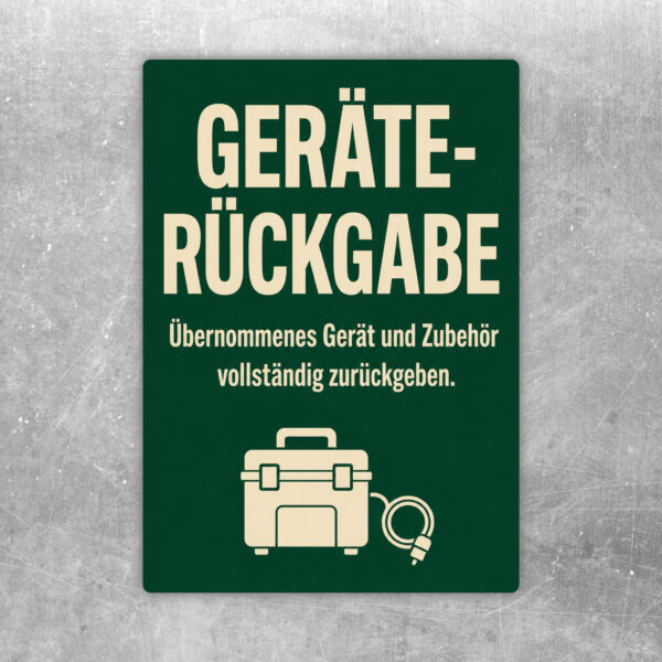 Geräte-Rückgabe Aufkleber in Grün und Gold mit Gerät, Kabel, Zubehör und Hinweis zur vollständigen Rückgabe.