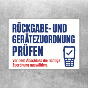 Rückgabe- und Gerätezuordnung prüfen Aufkleber im Querformat mit rotem Prüfhinweis und Gerätegrafik.