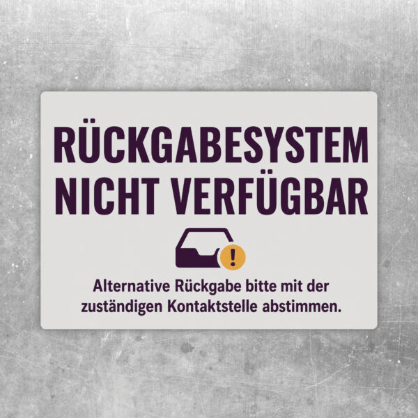 Rückgabesystem nicht verfügbar Aufkleber im Querformat mit violettem Text, beigem Hintergrund und Automatenmotiv.