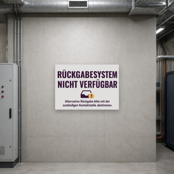 KI-generiertes Anwendungsbeispiel: Schild „Rückgabesystem nicht verfügbar“ mit Hinweis zur alternativen Rückgabe am Servicepunkt.