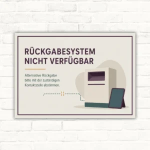 Rückgabesystem nicht verfügbar Schild mit Hinweis: Alternative Rückgabe bitte mit zuständiger Kontaktstelle abstimmen.