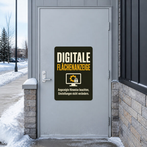 KI-generiertes Anwendungsbeispiel: Digitale Flächenanzeige Aufkleber auf grauem Untergrund mit grün-goldenem Retro-Motiv.