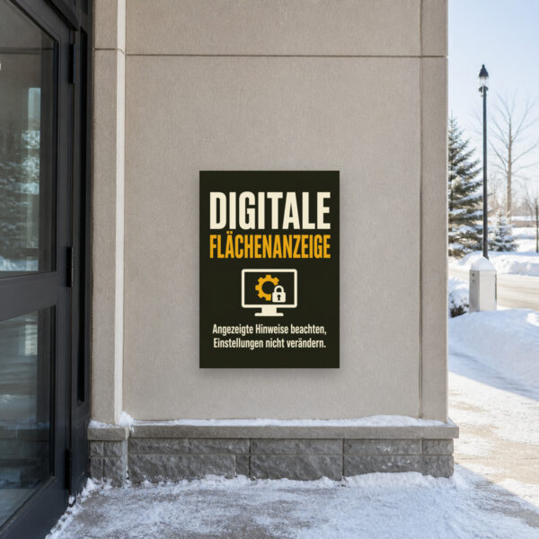 KI-generiertes Anwendungsbeispiel: Schild Digitale Flächenanzeige mit Hinweis zum Beachten der Anzeige und unveränderten Einstellungen.