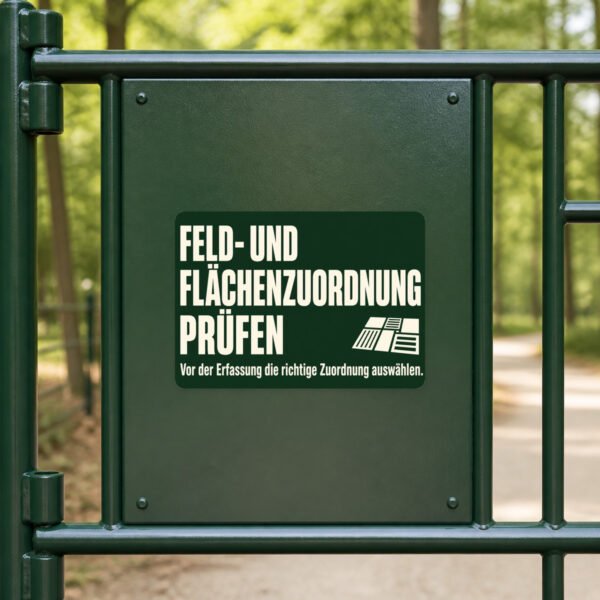 KI-generiertes Anwendungsbeispiel: Aufkleber Feld- und Flächenzuordnung prüfen an einer Arbeitsstation im Agrarbetrieb.