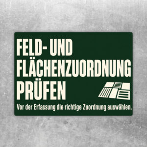 Aufkleber Feld- und Flächenzuordnung prüfen in Creme, Blau, Orange und Grün mit stilisierten Feldgrafiken.