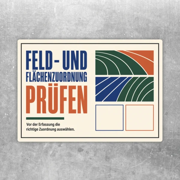 Aufkleber Feld- und Flächenzuordnung prüfen in Creme, Blau, Orange und Grün mit stilisierten Feldgrafiken.