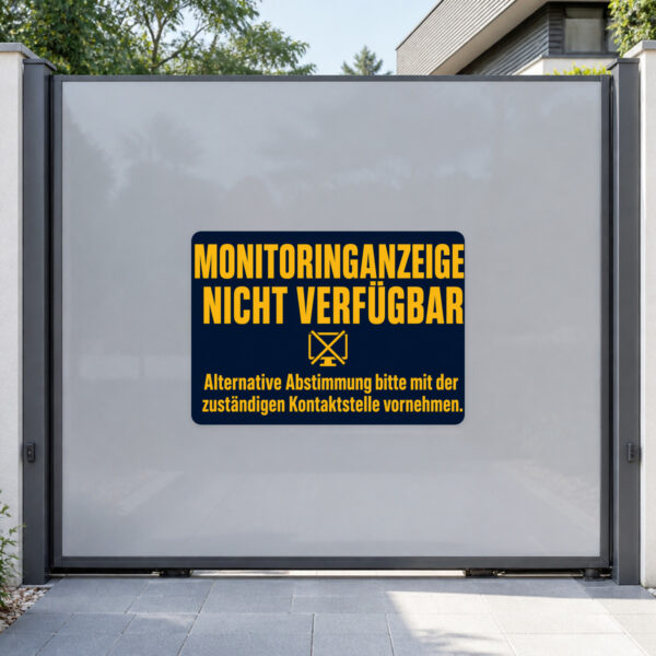 KI-generiertes Anwendungsbeispiel: Monitoringanzeige nicht verfügbar Aufkleber auf grauem Untergrund im Querformat.