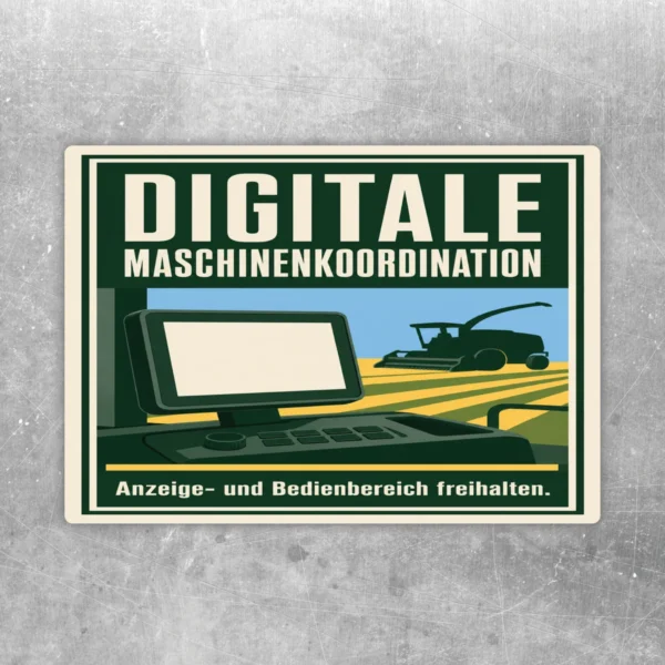 Bedienbereich freihalten Aufkleber mit Monitor, Maschine und Text Digitale Maschinenkoordination in Grün und Creme.
