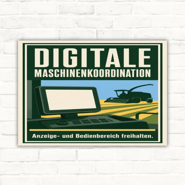 Bedienbereich freihalten Schild mit Text „Digitale Maschinenkoordination“ und Hinweis auf Anzeige- und Bedienbereich.