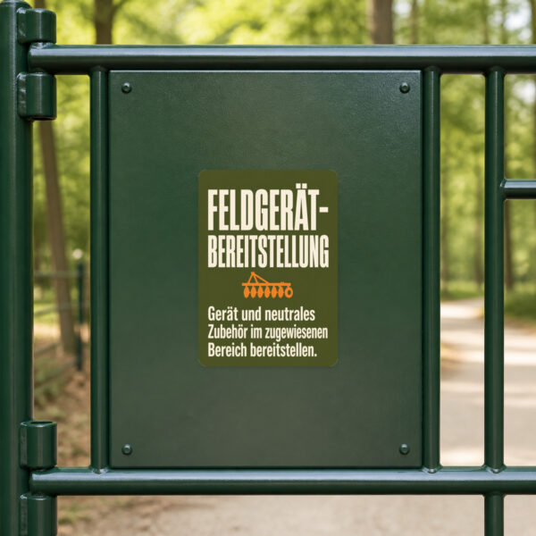 KI-generiertes Anwendungsbeispiel: Feldgerät-Bereitstellung Aufkleber auf Wand bei markiertem Gerätebereich.