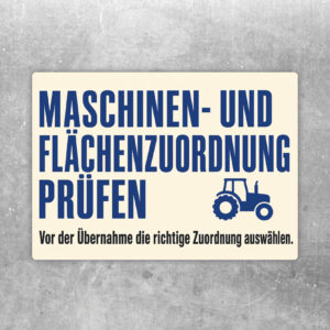 Querformatiger Aufkleber zur Maschinen- und Flächenzuordnung prüfen mit Erntemaschine, Feldlinien und Auswahlfeldern.