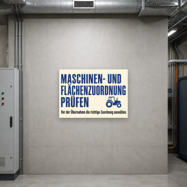 KI-generiertes Anwendungsbeispiel: Schild „Maschinen- und Flächenzuordnung prüfen“ an einer Hofwand im Agrarbetrieb.