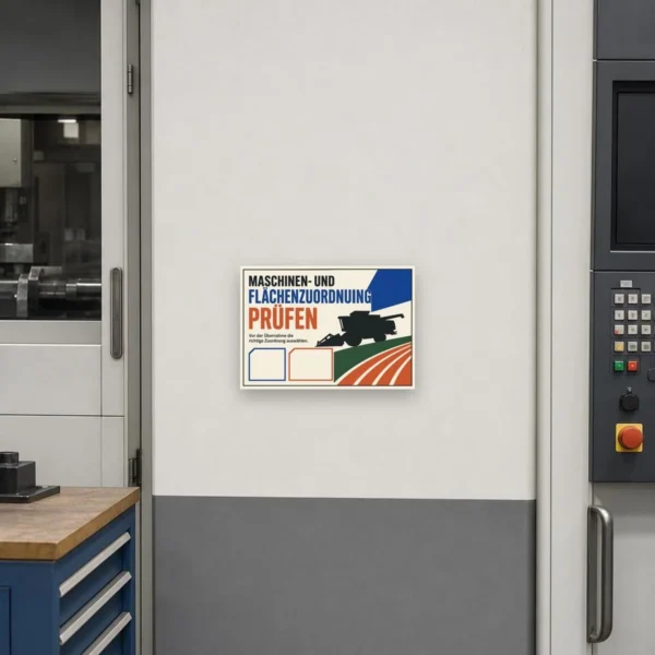 KI-generiertes Anwendungsbeispiel: Schild „Maschinen- und Flächenzuordnung prüfen“ an einer Hofwand im Agrarbetrieb.