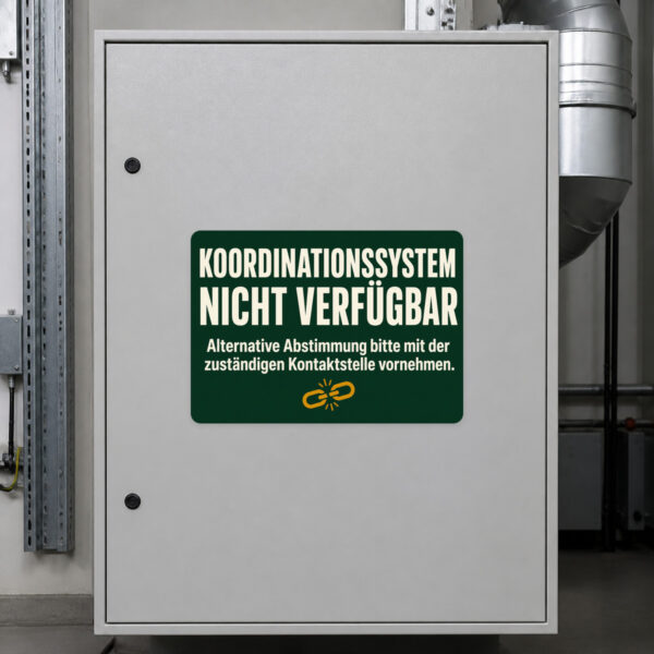 KI-generiertes Anwendungsbeispiel: Landwirtschaftsaufkleber Koordinationssystem nicht verfügbar auf grauem Untergrund.