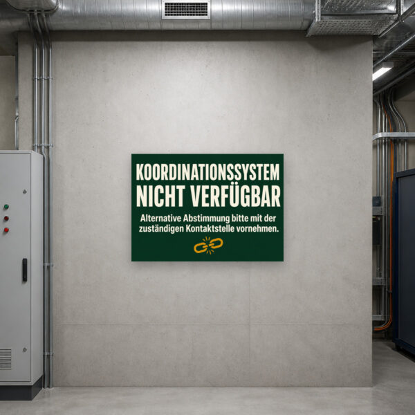 KI-generiertes Anwendungsbeispiel: Landwirtschaftsschild mit „Koordinationssystem nicht verfügbar“ für Hofeinfahrt oder Betriebsgebäude im Querformat.