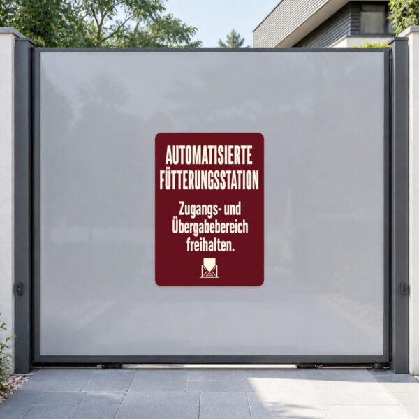 KI-generiertes Anwendungsbeispiel: Aufkleber Automatisierte Fütterungsstation zur Kennzeichnung freier Zugangsbereiche.