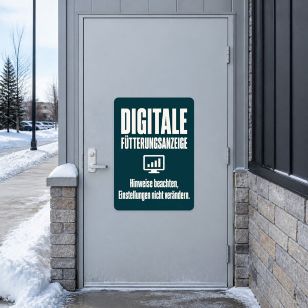 KI-generiertes Anwendungsbeispiel: Digitale Fütterungsanzeige Aufkleber im Hochformat an Stalltechnik mit Hinweistext.