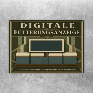 Hochformatiger Aufkleber Digitale Fütterungsanzeige mit grün-beigem Technikmotiv und Hinweis zu Einstellungen.