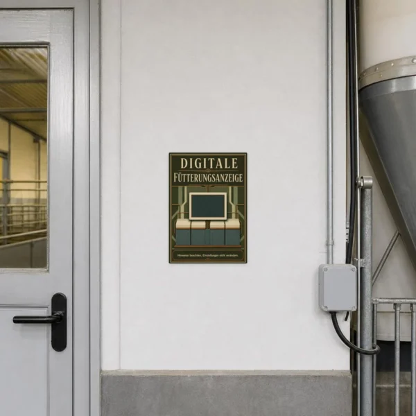 KI-generiertes Anwendungsbeispiel: Digitale Fütterungsanzeige Aufkleber im Hochformat an Stalltechnik mit Hinweistext.