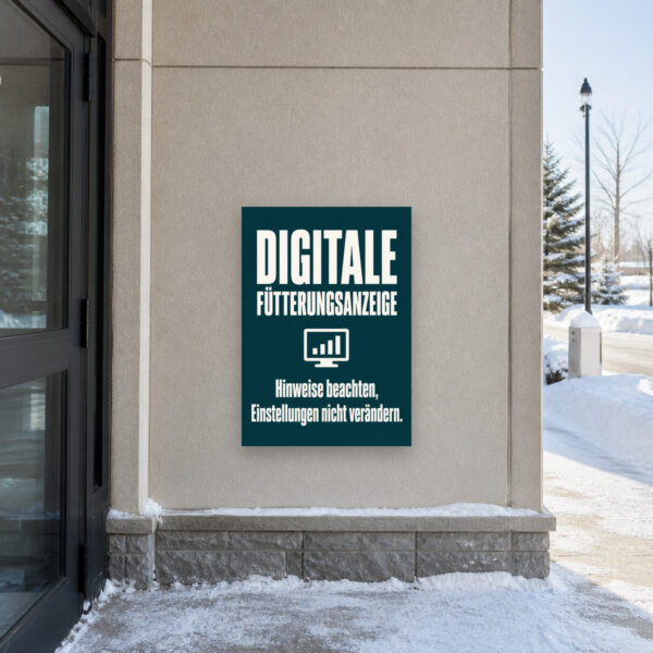 KI-generiertes Anwendungsbeispiel: Digitale Fütterungsanzeige Schild – Hinweis Einstellungen nicht verändern am passenden Einsatzort mit gut sichtbarem Motiv und klarer Beschriftung.