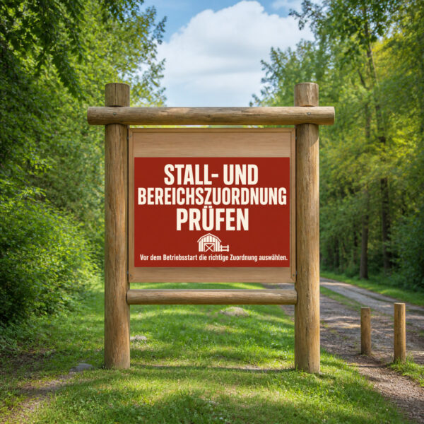 KI-generiertes Anwendungsbeispiel: Stall Zuordnung Schild „STALL- UND BEREICHSZUORDNUNG PRÜFEN“ an einer Wand montiert.