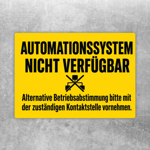 Querformatiger Automationssystem nicht verfügbar Aufkleber mit Terminal, Technikschränken und Hinweistext in Grün und Beige.