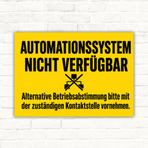Hinweisschild mit der Aufschrift „AUTOMATIONSSYSTEM NICHT VERFÜGBAR“ und technischer E-Mobilitäts-Gestaltung im Querformat.