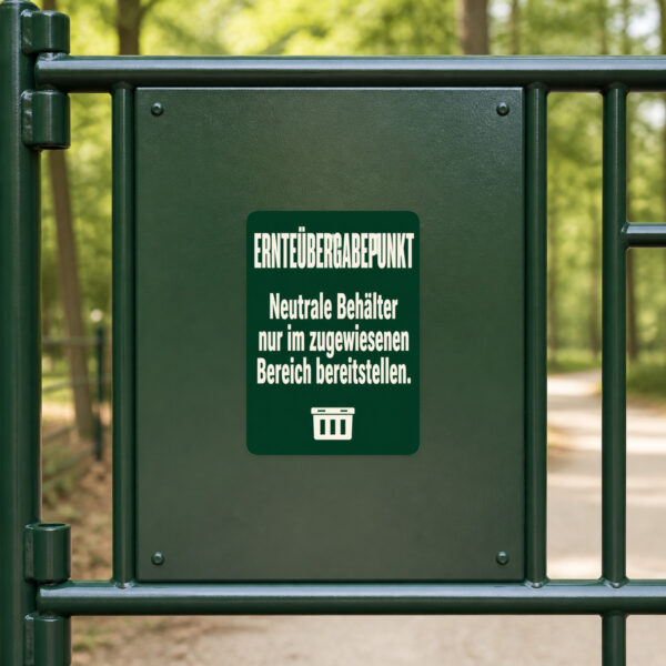 KI-generiertes Anwendungsbeispiel: Ernteübergabepunkt Aufkleber mit Behältermotiv auf beigem Grund für Hoflogistik.