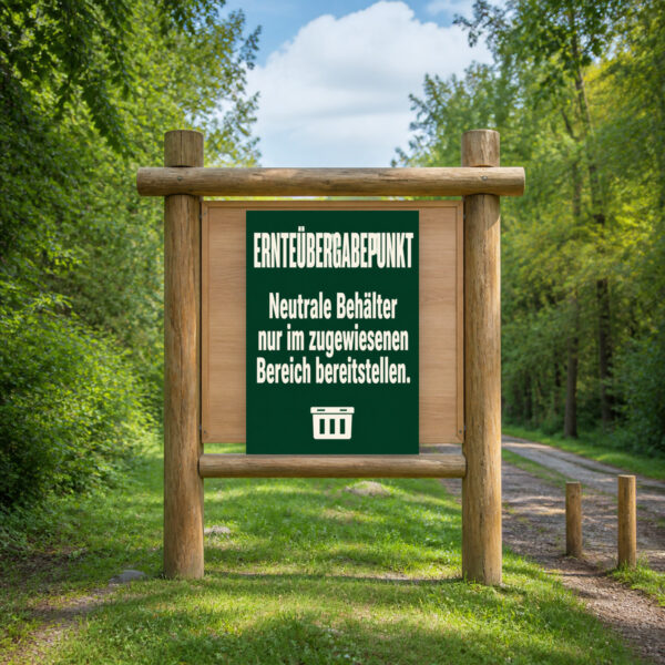 KI-generiertes Anwendungsbeispiel: Ernteübergabepunkt Schild – neutrale Behälter im zugewiesenen Bereich am passenden Einsatzort mit gut sichtbarem Motiv und klarer Beschriftung.
