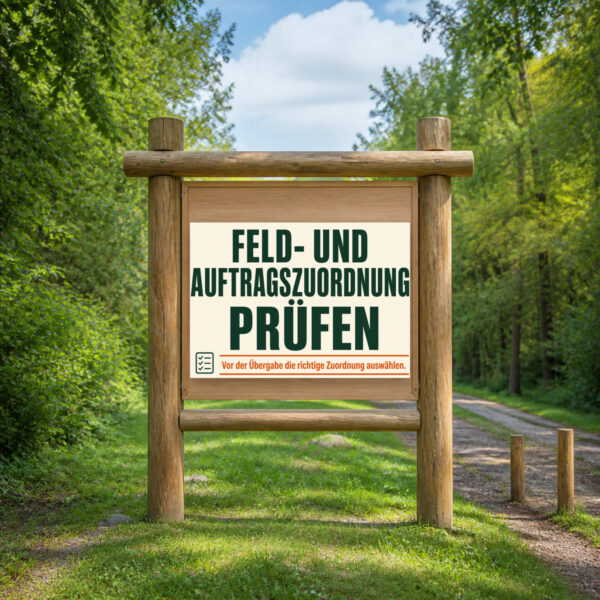 KI-generiertes Anwendungsbeispiel: Schild „Feld- und Auftragszuordnung prüfen“ an einer Wand im Hofbüro.