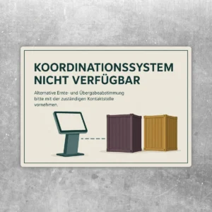 Aufkleber Koordinationssystem nicht verfügbar mit Terminal und Containern für Ernte- und Übergabeabstimmung.