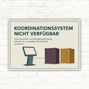 Hinweisschild mit Wortlaut „Koordinationssystem nicht verfügbar“ zur Ernte- und Übergabeabstimmung im Querformat.