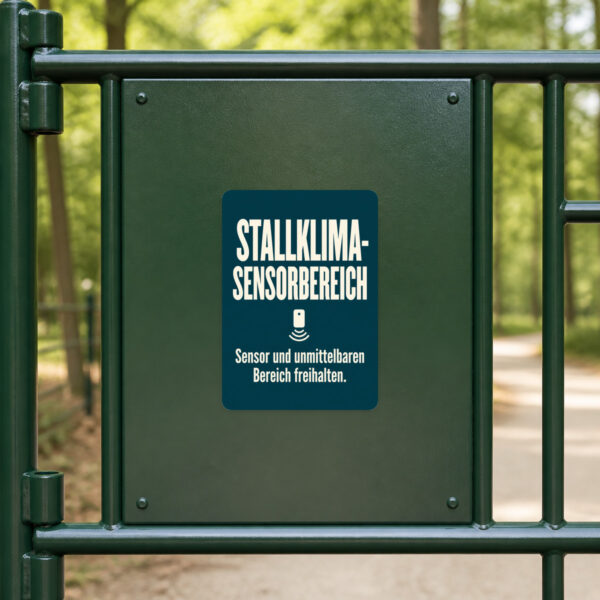 KI-generiertes Anwendungsbeispiel: Stallklima Sensorbereich Aufkleber nahe einem Sensor im landwirtschaftlichen Stall.
