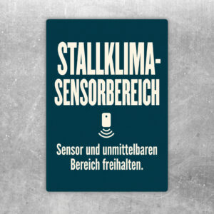 Stallklima Sensorbereich Aufkleber mit Stallmotiv, Sensor und Hinweis zum Freihalten des unmittelbaren Bereichs.