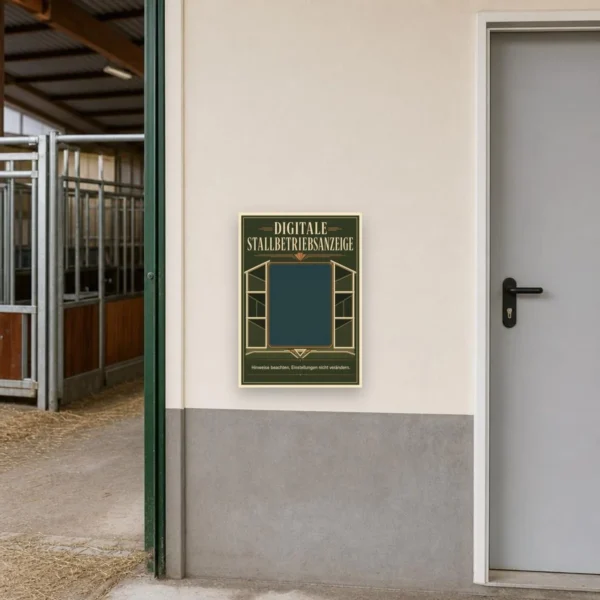 KI-generiertes Anwendungsbeispiel: Stallbetriebsanzeige Schild an Ziegelwand mit Hinweis zu unveränderten Einstellungen.