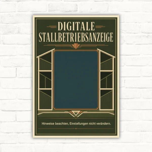 Stallbetriebsanzeige Schild mit Text „Digitale Stallbetriebsanzeige“ und Hinweis „Einstellungen nicht verändern“.