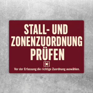 Querformat-Aufkleber Stall- und Zonenzuordnung prüfen mit blauem Text, Hofgrafik und farbigen Zonenflächen.