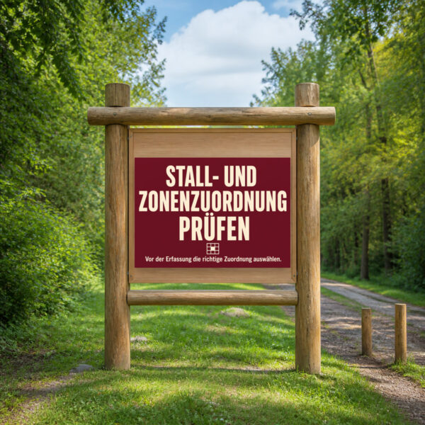 KI-generiertes Anwendungsbeispiel: Stall- und Zonenzuordnung Schild „Prüfen“ als robustes Hinweisschild im Querformat.
