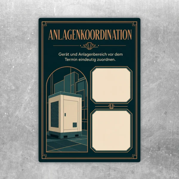 Anlagenkoordination Aufkleber in Dunkelgrün mit Anlage, Titel und zwei beigen Feldern für Gerät und Termin.